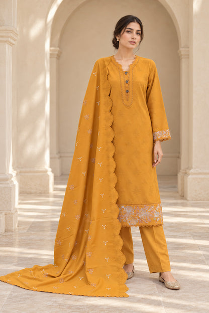Mustard karandi shawl set worn by a model - embroidered shirt, ready-to-carry shawl and plain trouser