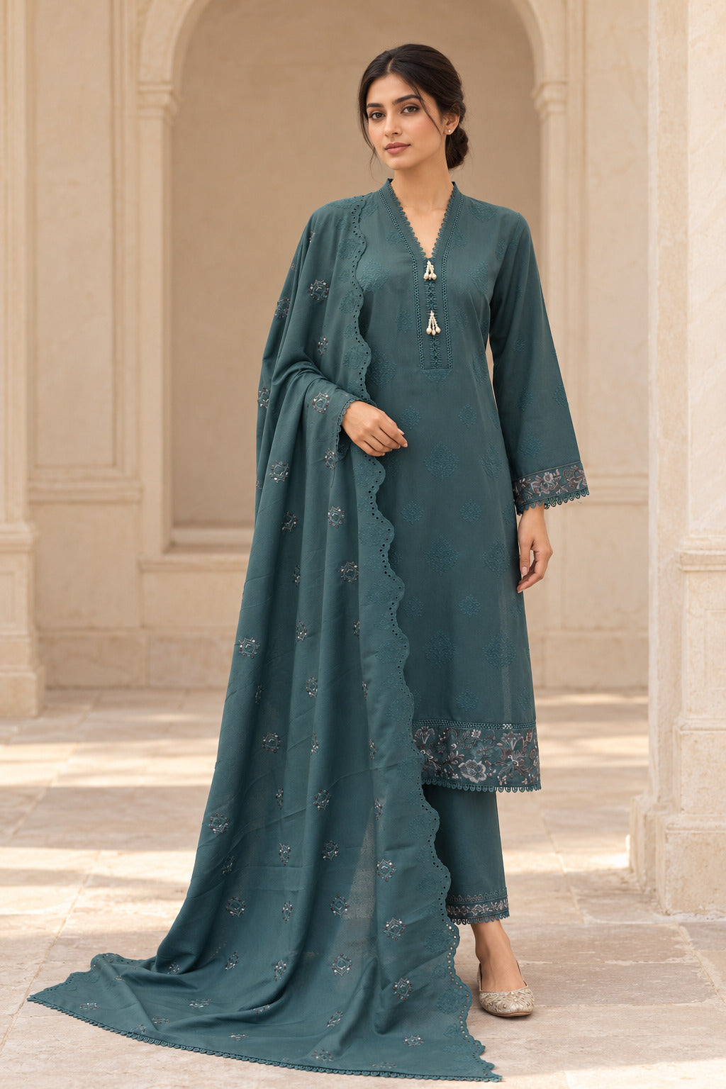 Teal karandi shawl set worn by a model - embroidered shirt, ready-to-carry shawl and plain trouser