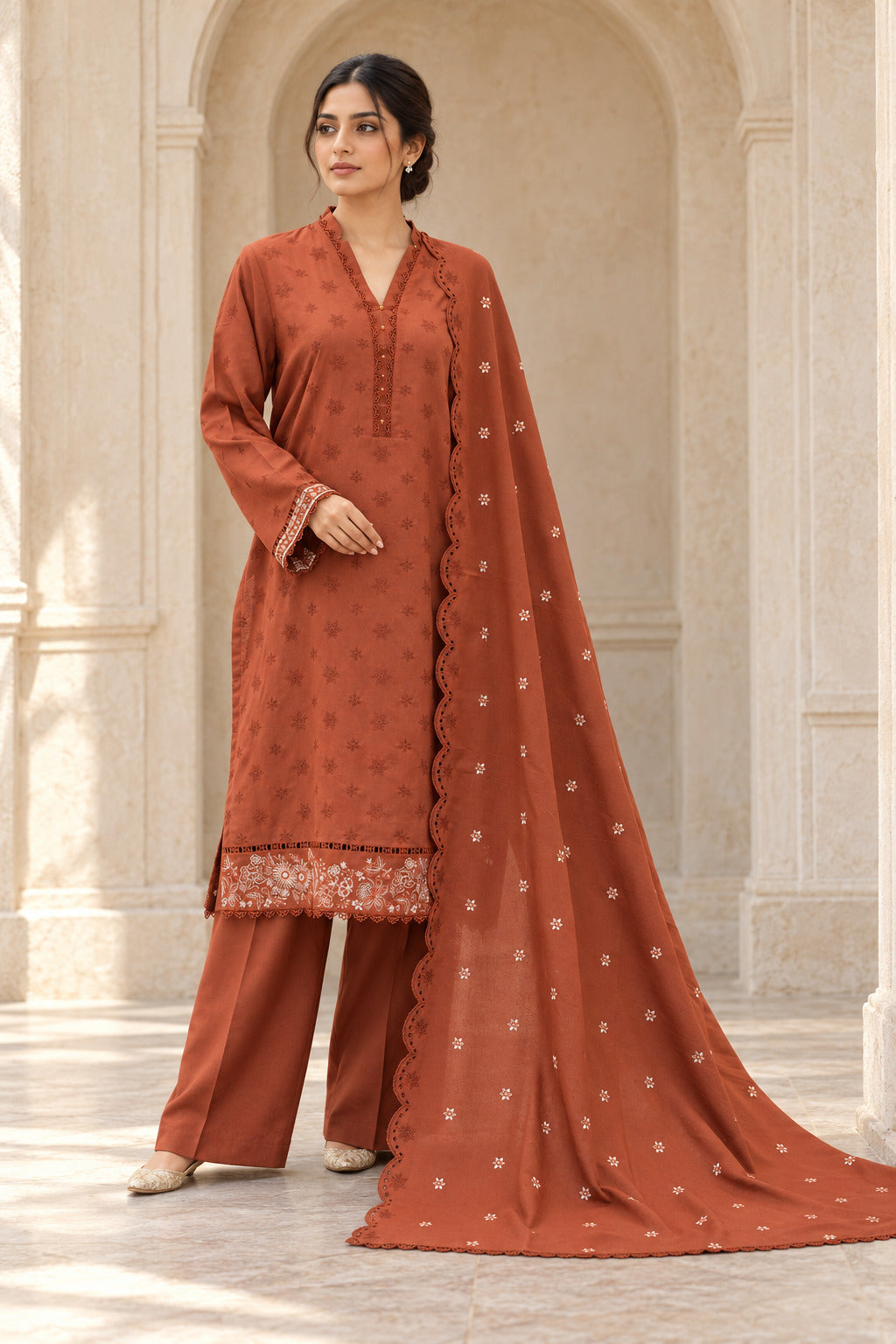 Rust karandi shawl set worn by a model - embroidered shirt, ready-to-carry shawl and plain trouser