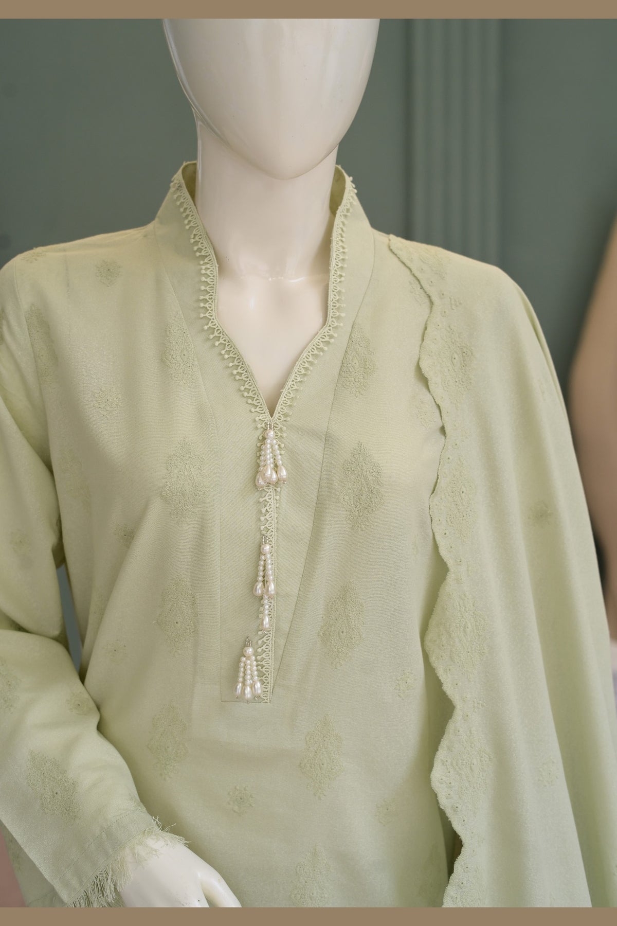 Pista Green Karandi Shawl Set - detail