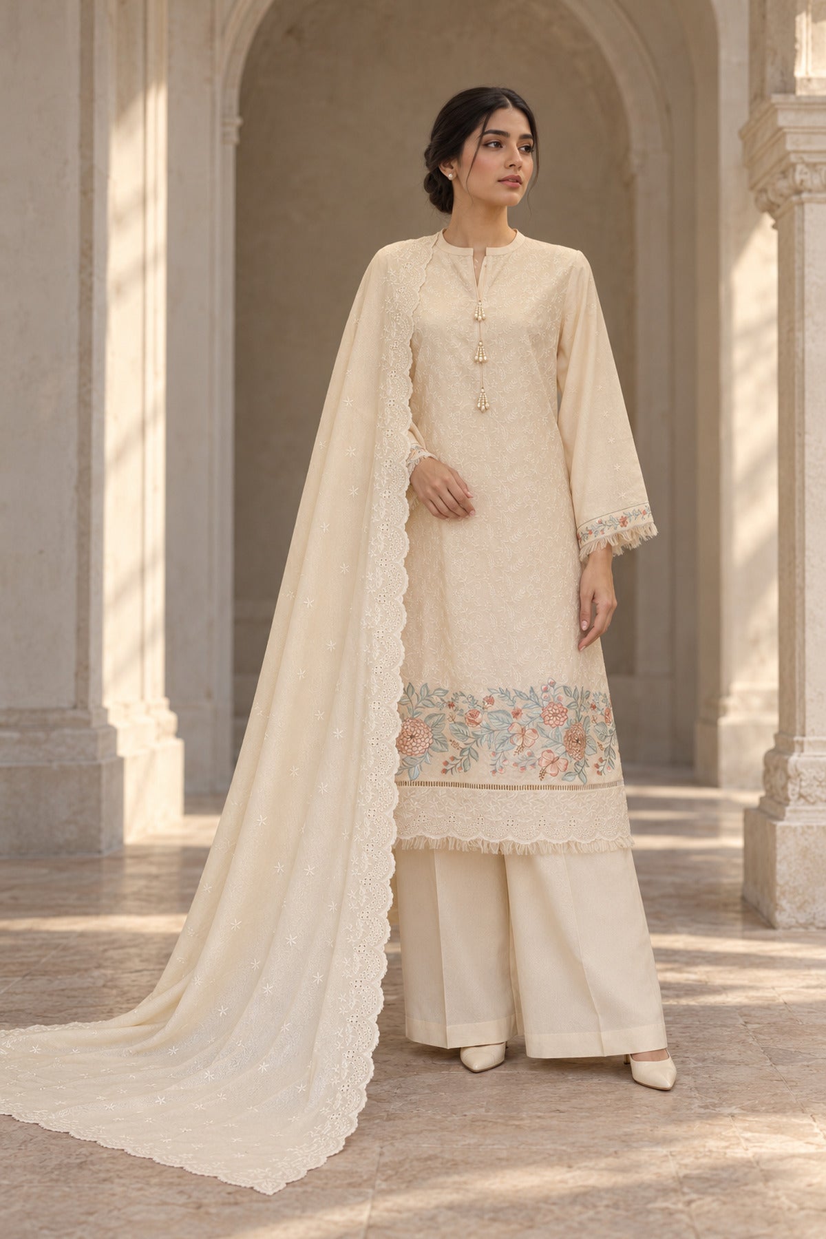 Cream Karandi Shawl Set - worn by a model, unstitched 3-piece with ready-to-carry shawl