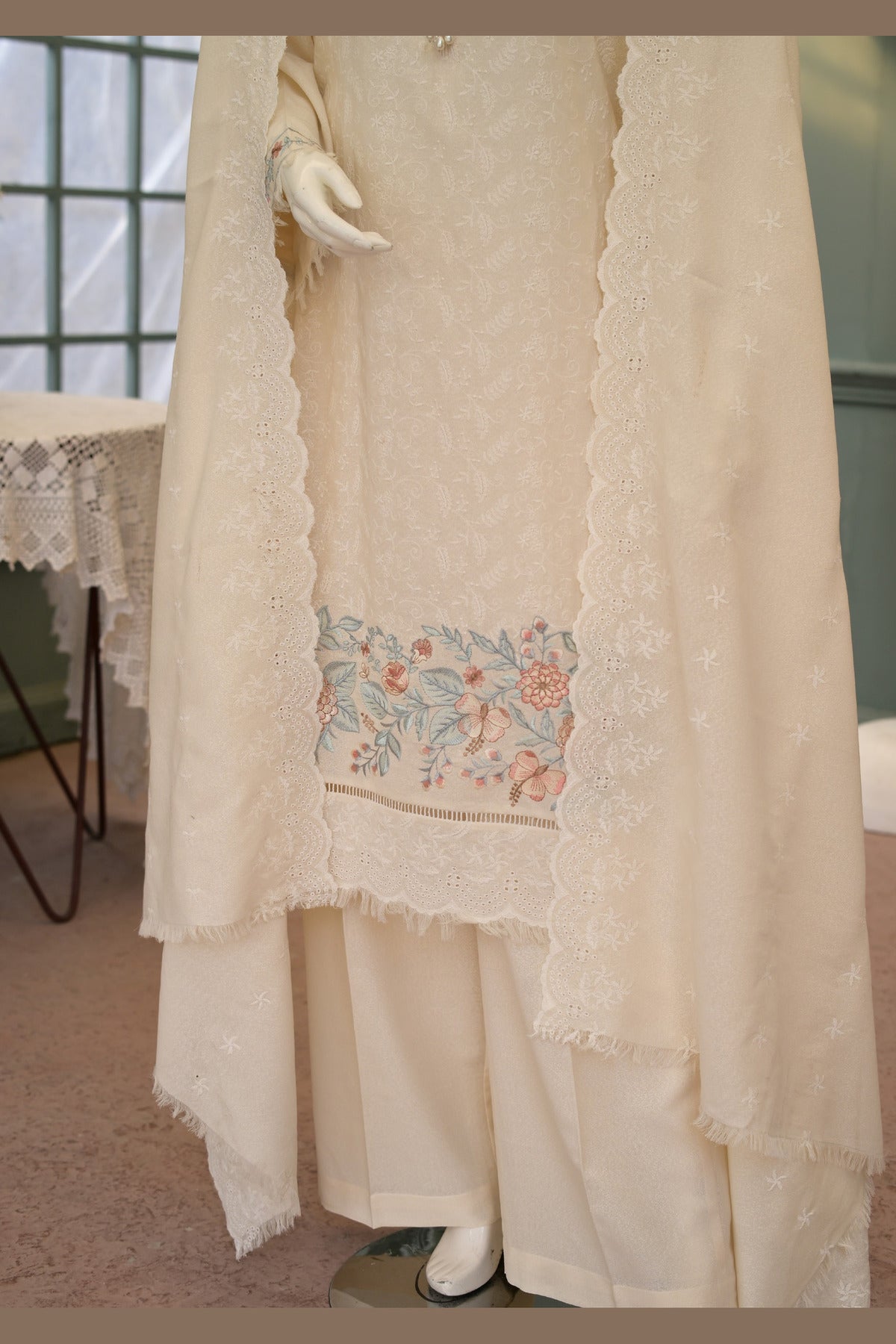 Cream Karandi Shawl Set - full 3-piece: embroidered karandi shirt, plain karandi trouser and shawl