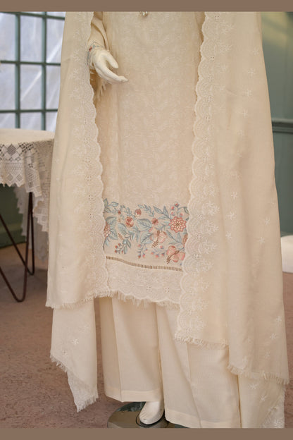 Cream Karandi Shawl Set - full 3-piece: embroidered karandi shirt, plain karandi trouser and shawl