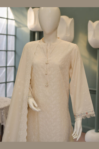 Cream Karandi Shawl Set - neckline and placket embroidery