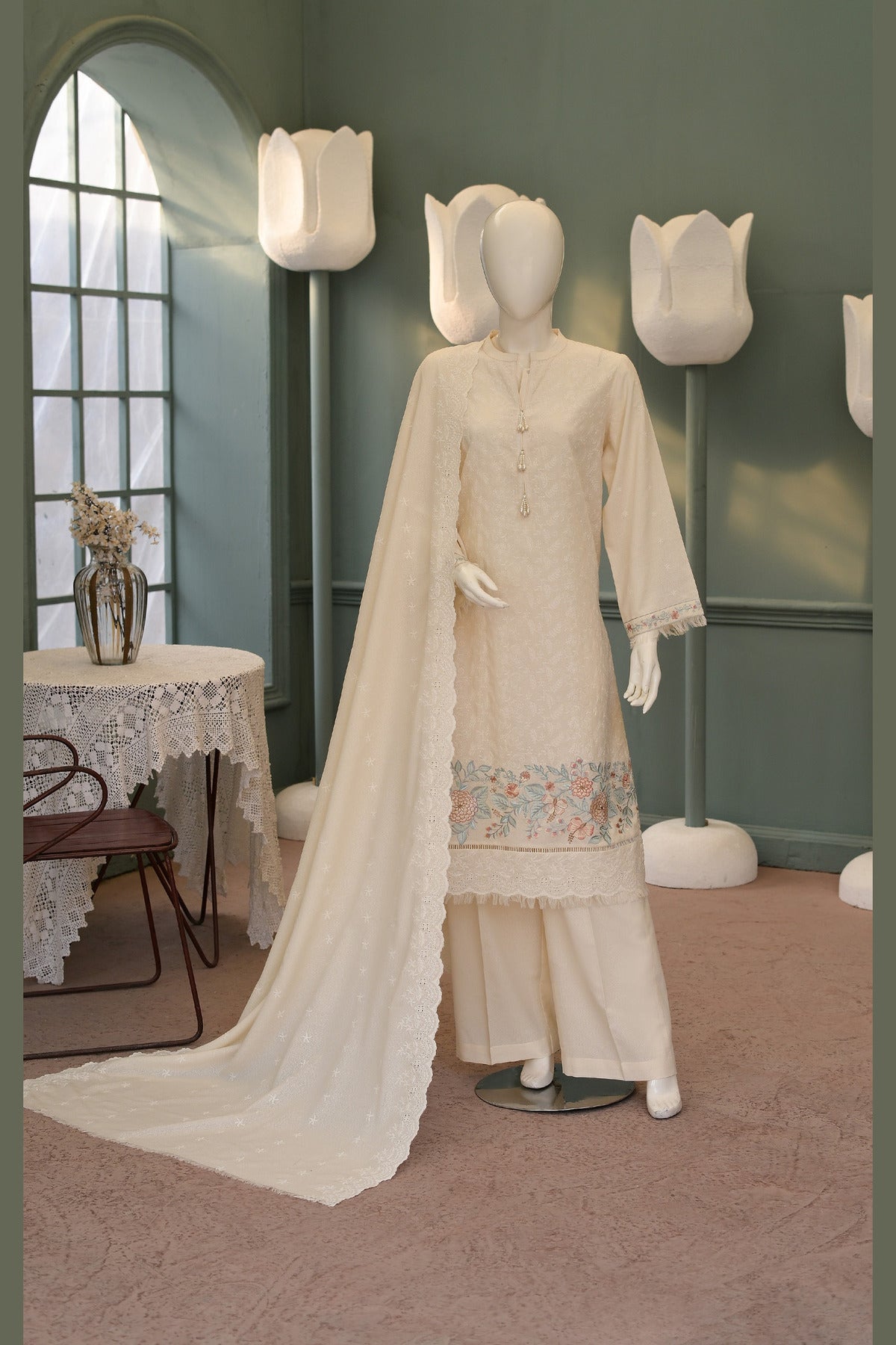 Cream Karandi Shawl Set - embroidered karandi shawl, ready to carry