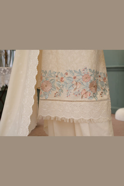 Cream Karandi Shawl Set - embroidered hem band