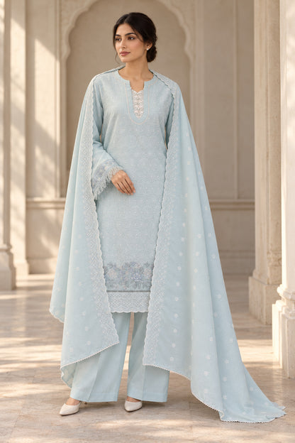 Ice Blue Karandi Shawl Set - worn by a model, unstitched 3-piece with ready-to-carry shawl