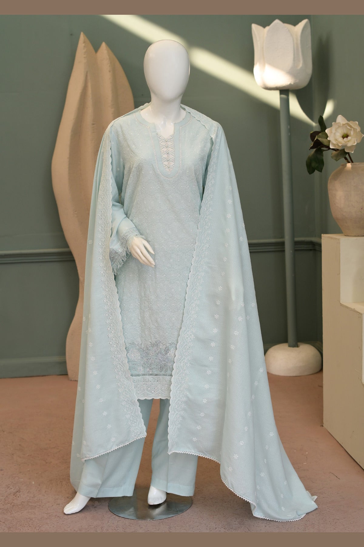 Ice Blue Karandi Shawl Set - full 3-piece: embroidered karandi shirt, plain karandi trouser and shawl