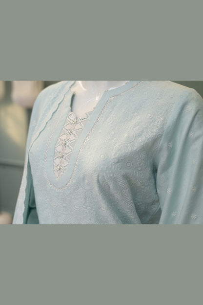 Ice Blue Karandi Shawl Set - neckline and placket embroidery