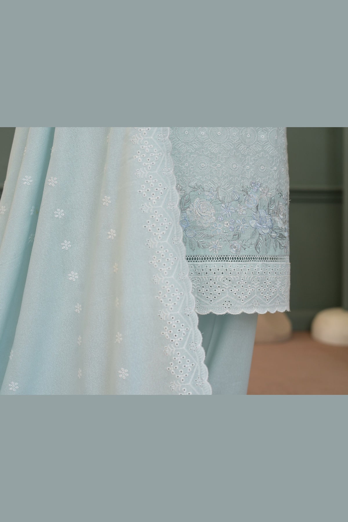 Ice Blue Karandi Shawl Set - embroidered karandi shawl, ready to carry