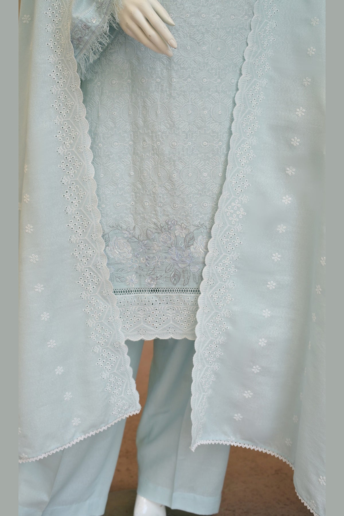 Ice Blue Karandi Shawl Set - embroidered hem band
