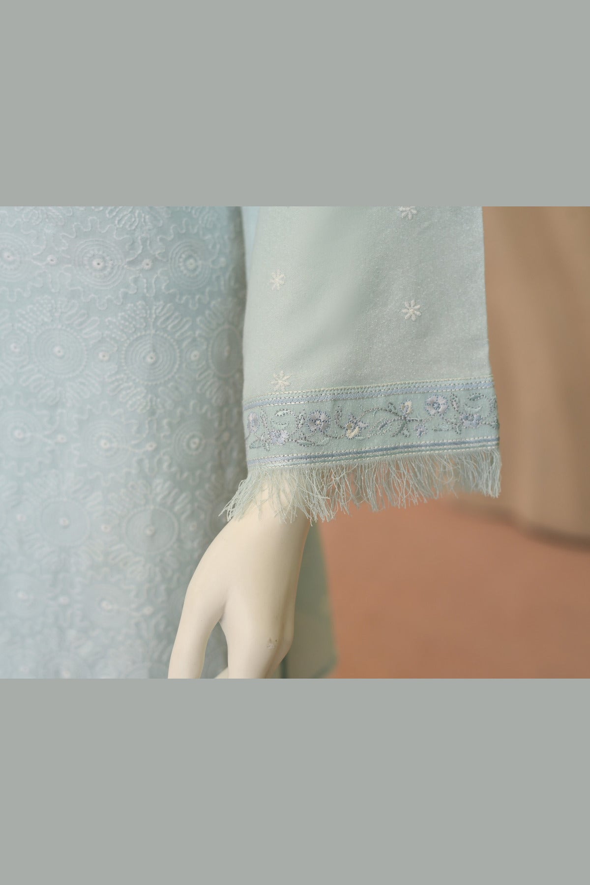 Ice Blue Karandi Shawl Set - scalloped hem edge