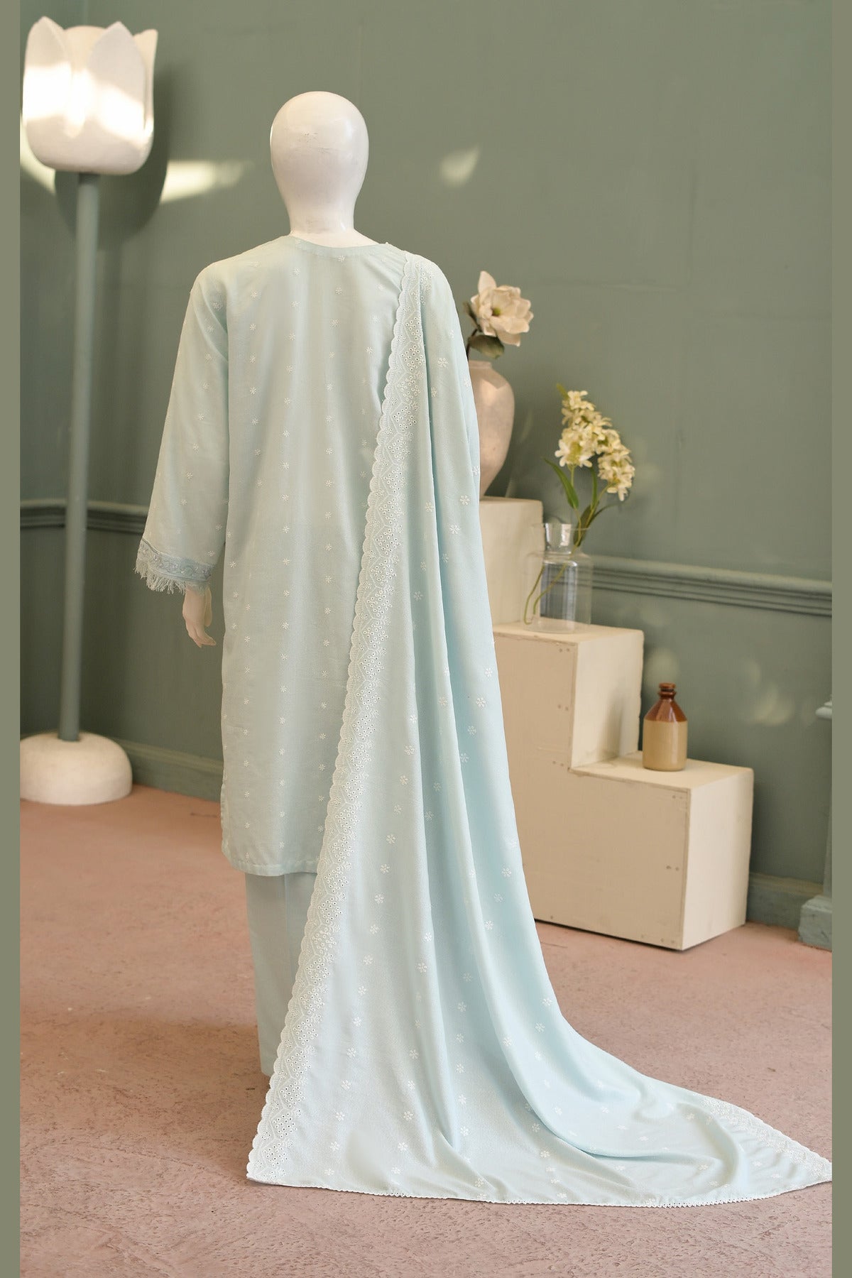Ice Blue Karandi Shawl Set - back view with shawl