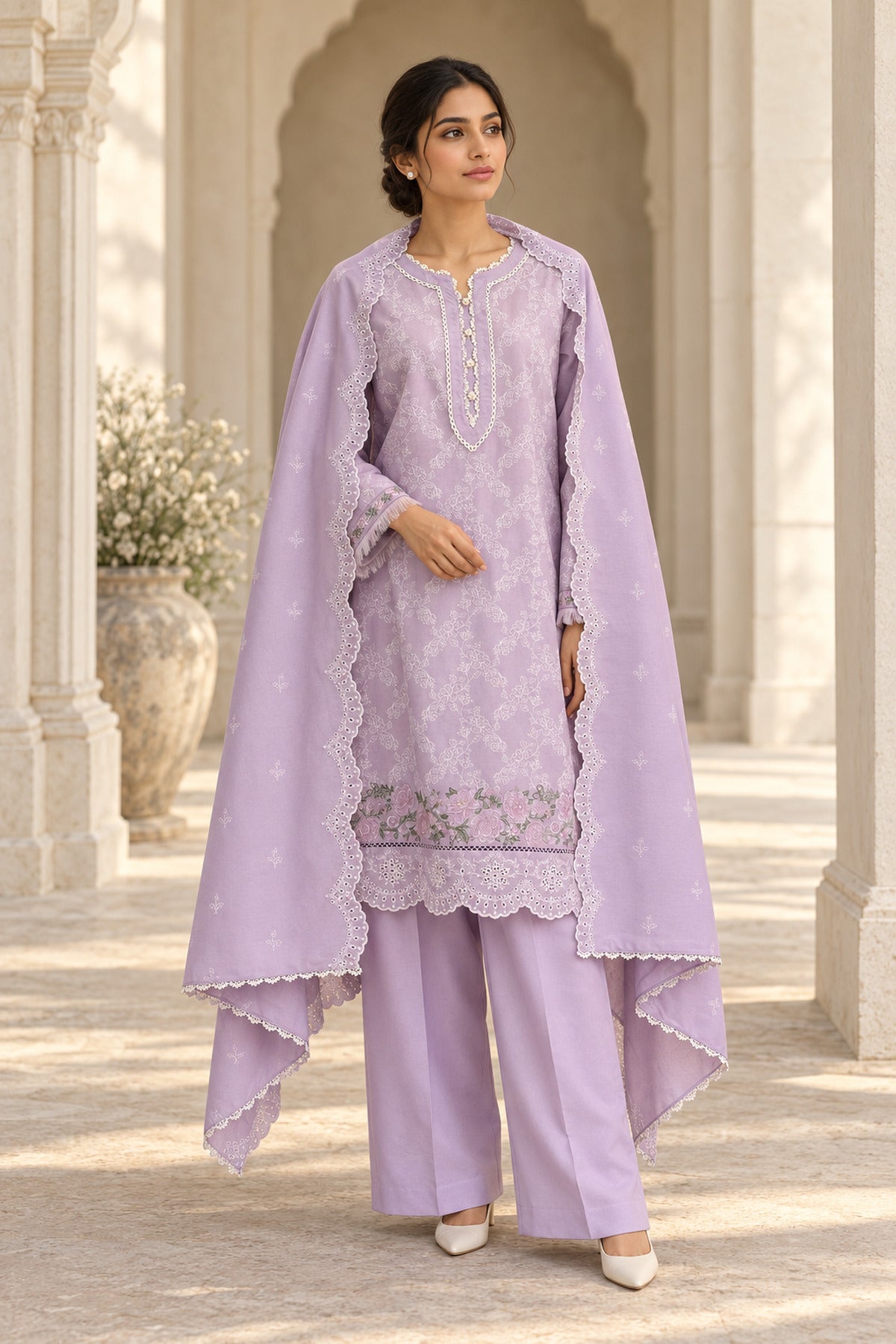 Lilac Karandi Shawl Set - worn by a model, unstitched 3-piece with ready-to-carry shawl