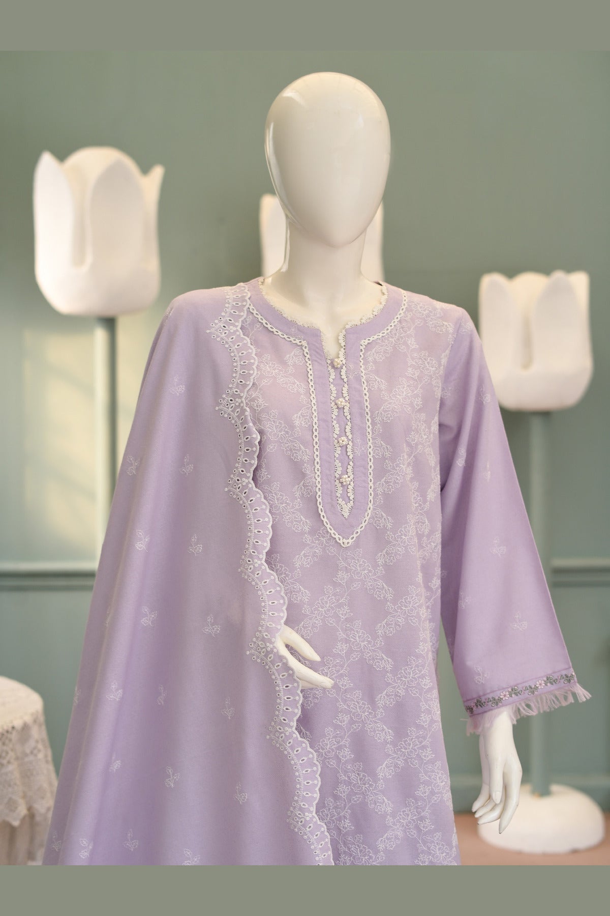 Lilac Karandi Shawl Set - full 3-piece: embroidered karandi shirt, plain karandi trouser and shawl
