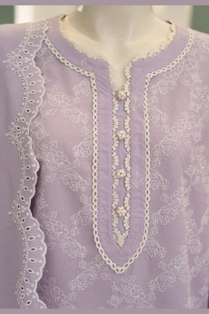 Lilac Karandi Shawl Set - neckline and placket embroidery