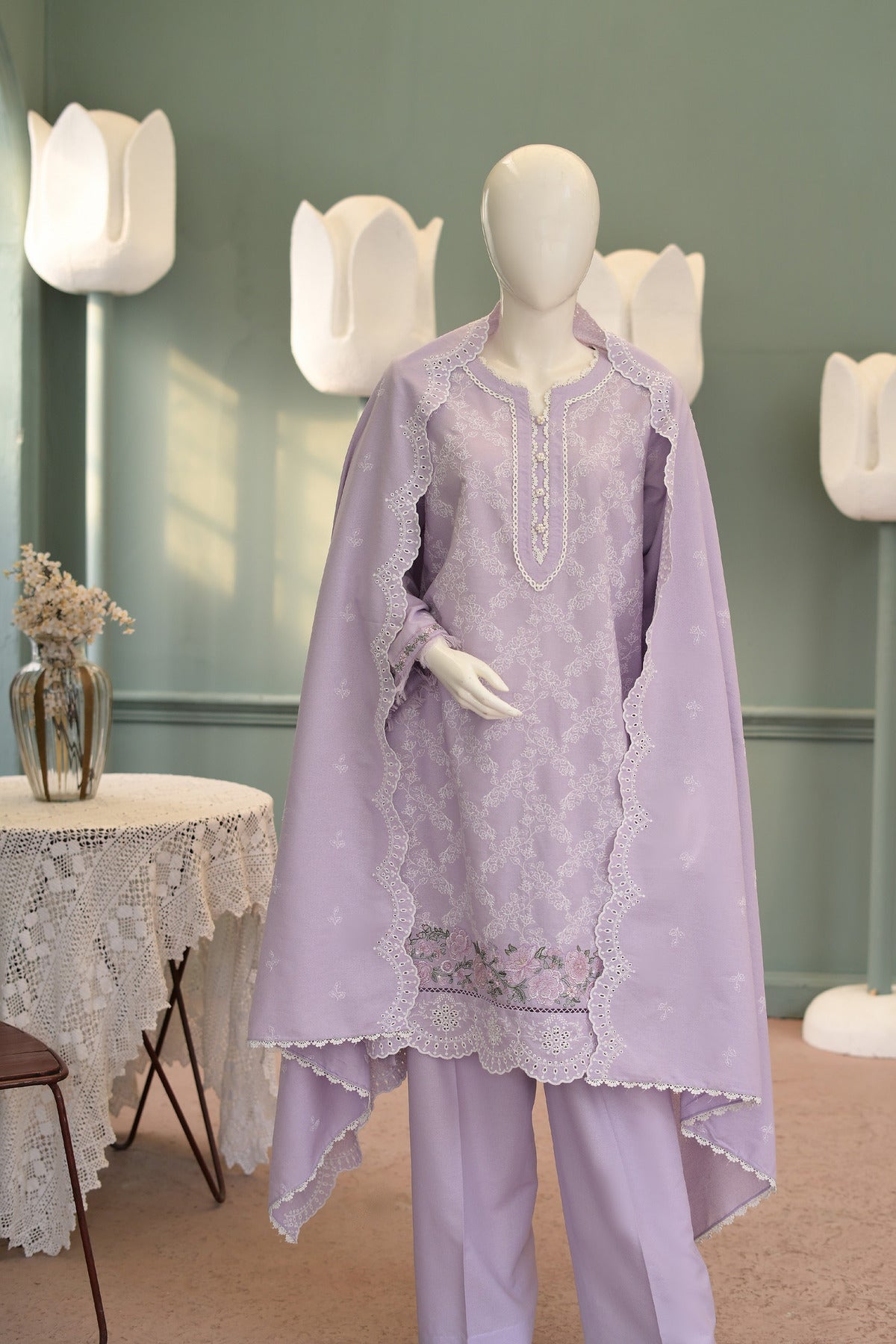 Lilac Karandi Shawl Set - embroidered karandi shawl, ready to carry