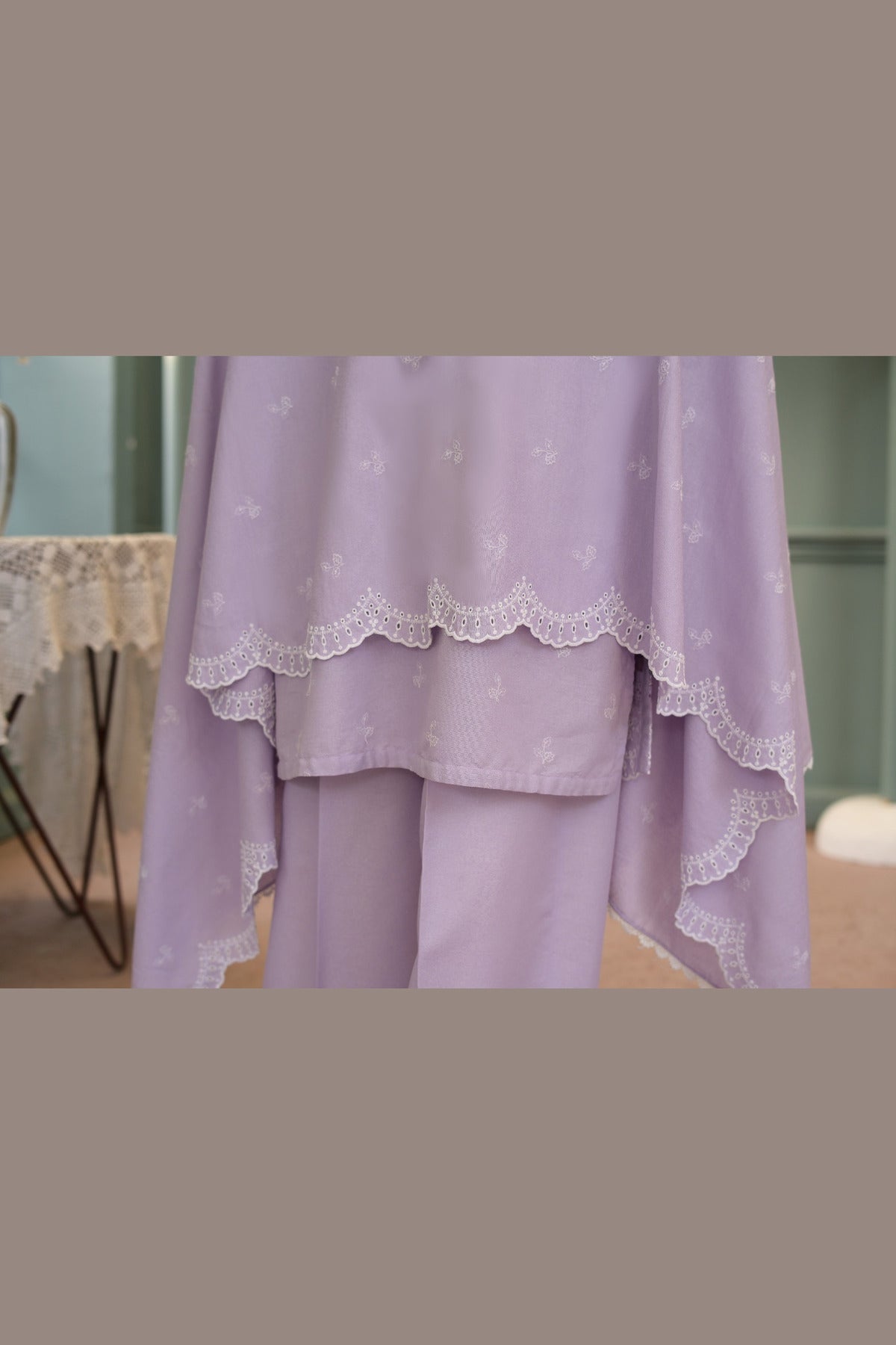 Lilac Karandi Shawl Set - scalloped hem edge and plain karandi trouser
