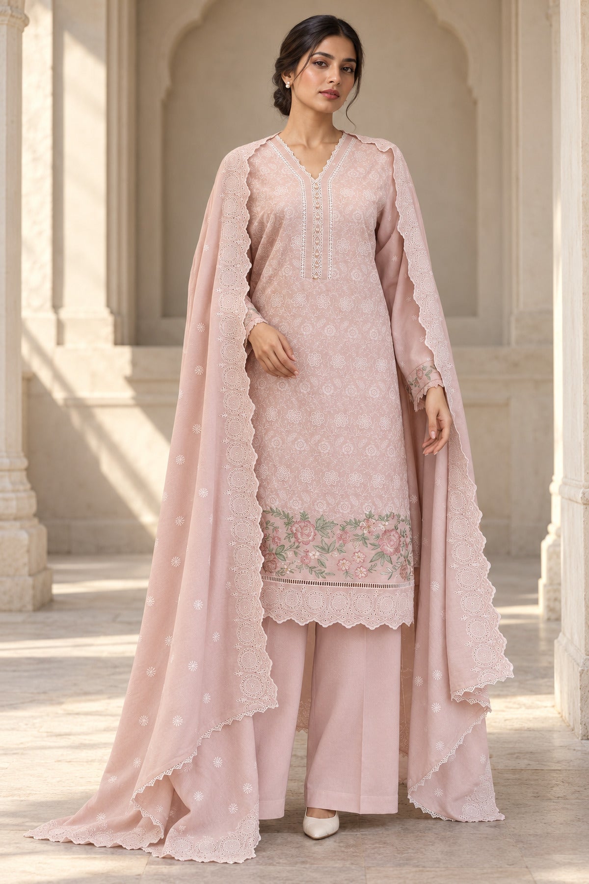 Tea Pink Karandi Shawl Set - worn by a model, unstitched 3-piece with ready-to-carry shawl