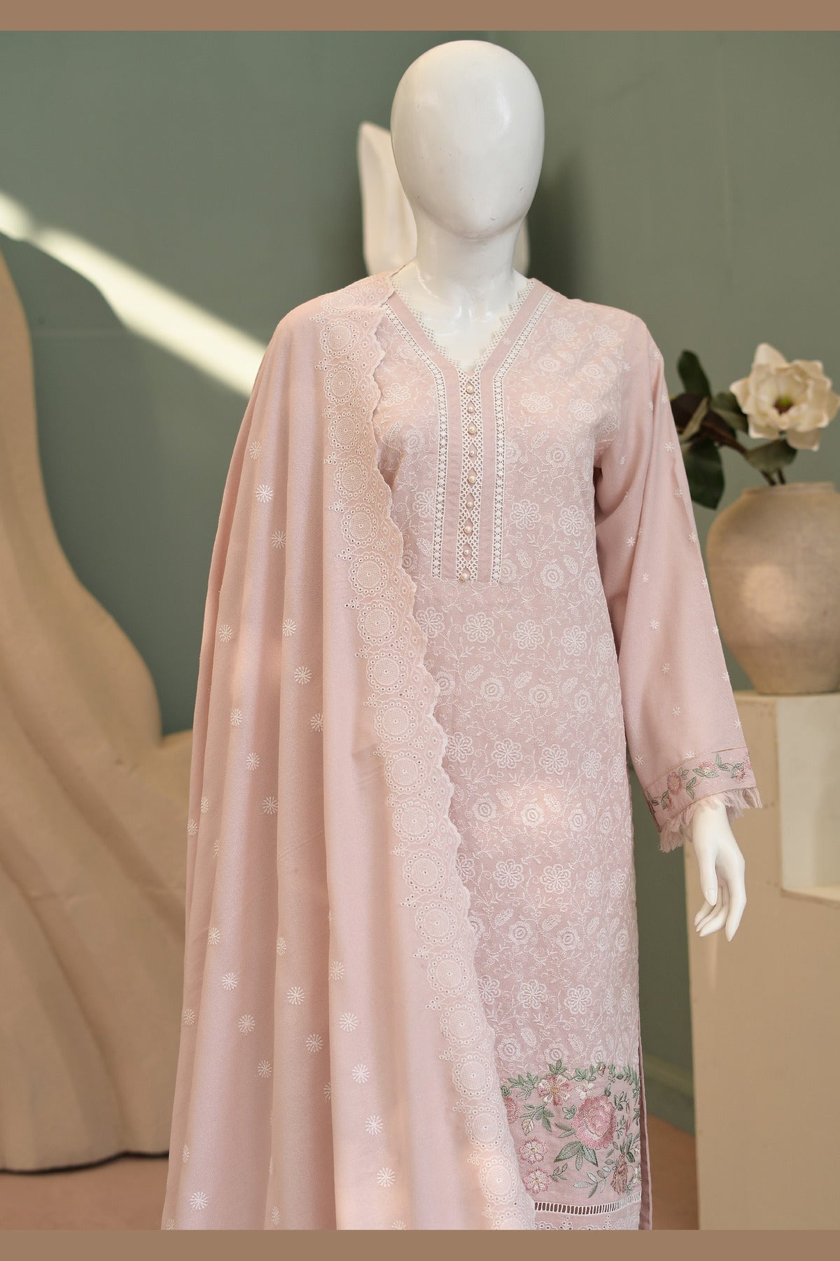 Tea Pink Karandi Shawl Set - full 3-piece: embroidered karandi shirt, plain karandi trouser and shawl