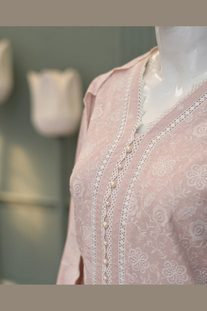 Tea Pink Karandi Shawl Set - neckline and placket embroidery