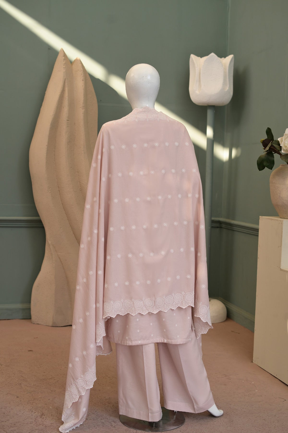 Tea Pink Karandi Shawl Set - embroidered karandi shawl, ready to carry