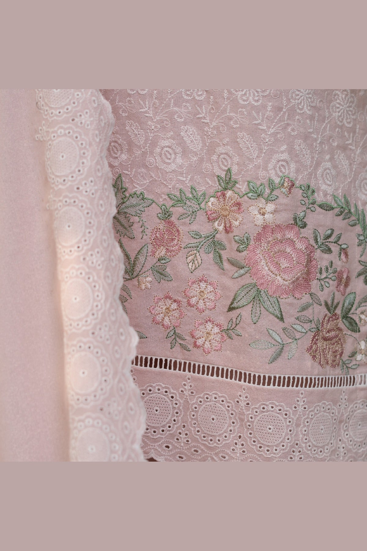 Tea Pink Karandi Shawl Set - embroidered hem band