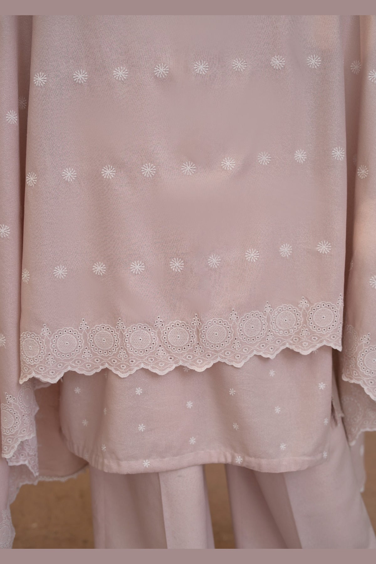 Tea Pink Karandi Shawl Set - scalloped hem edge