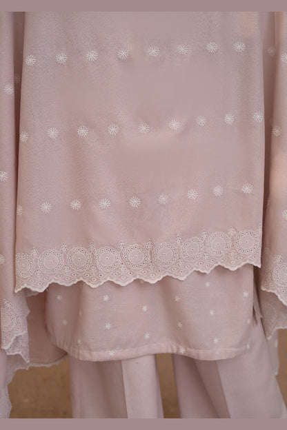 Tea Pink Karandi Shawl Set - scalloped hem edge