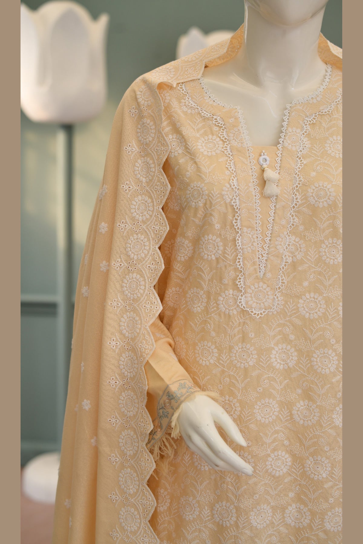 Peach Karandi Shawl Set - full 3-piece: embroidered karandi shirt, plain karandi trouser and shawl