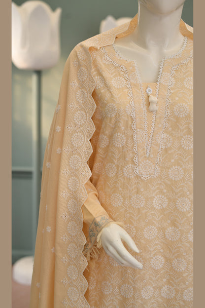 Peach Karandi Shawl Set - full 3-piece: embroidered karandi shirt, plain karandi trouser and shawl