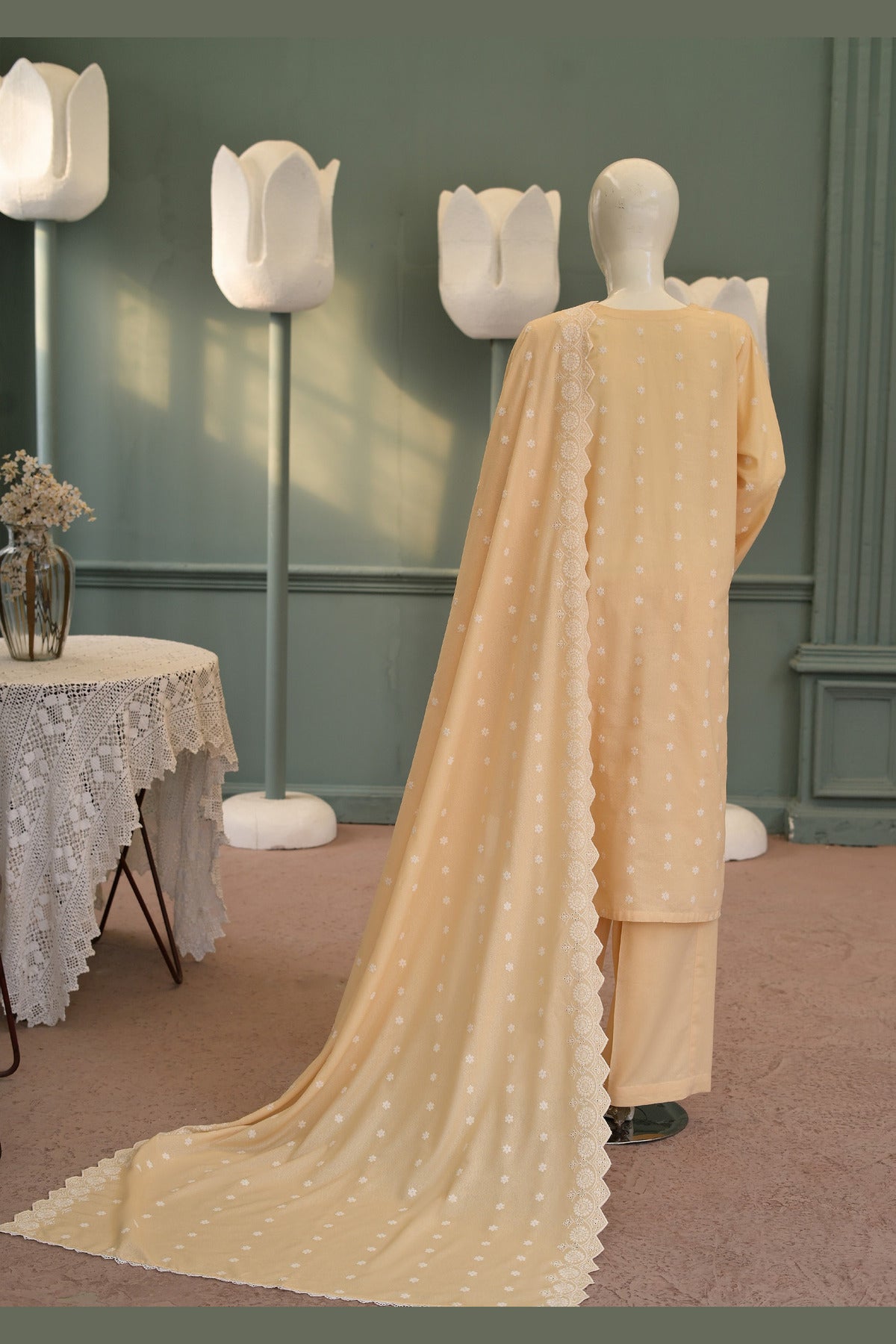 Peach Karandi Shawl Set - embroidered karandi shawl, ready to carry
