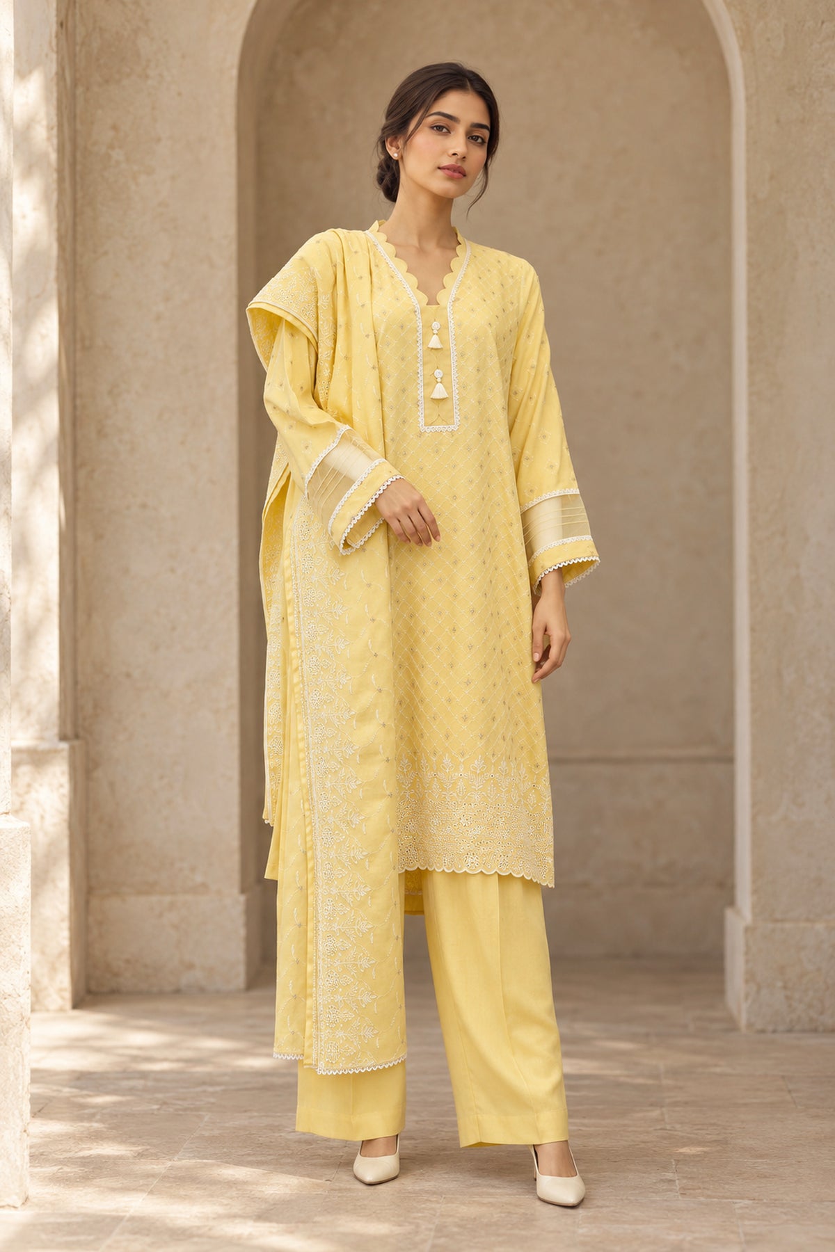 Yellow Karandi Shawl Set