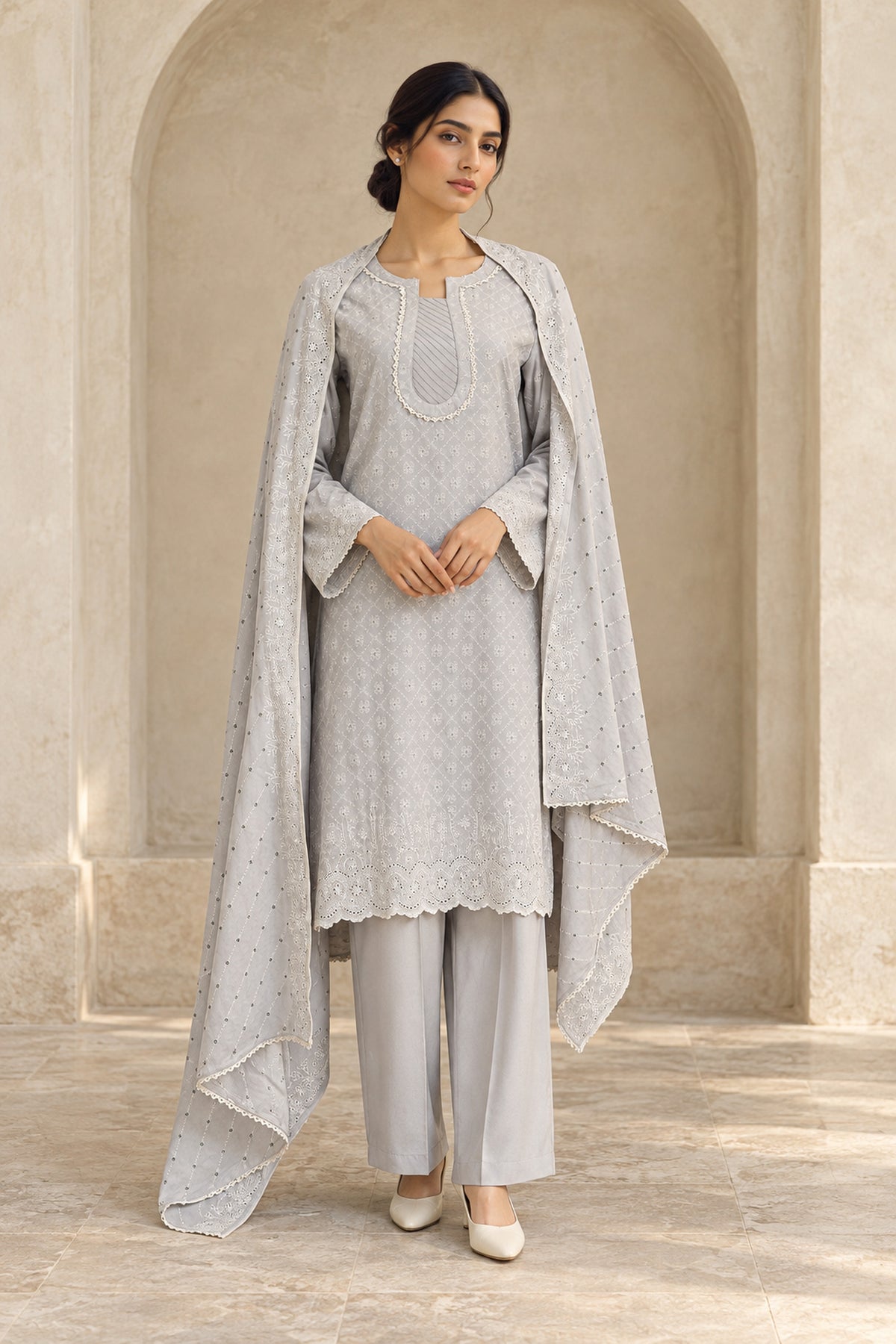 Grey Karandi Shawl Set