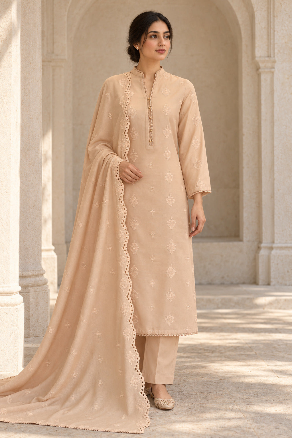 Peach karandi shawl set worn by a model - embroidered shirt, ready-to-carry shawl and plain trouser