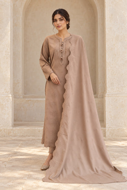 Brown karandi shawl set worn by a model - embroidered shirt, ready-to-carry shawl and plain trouser
