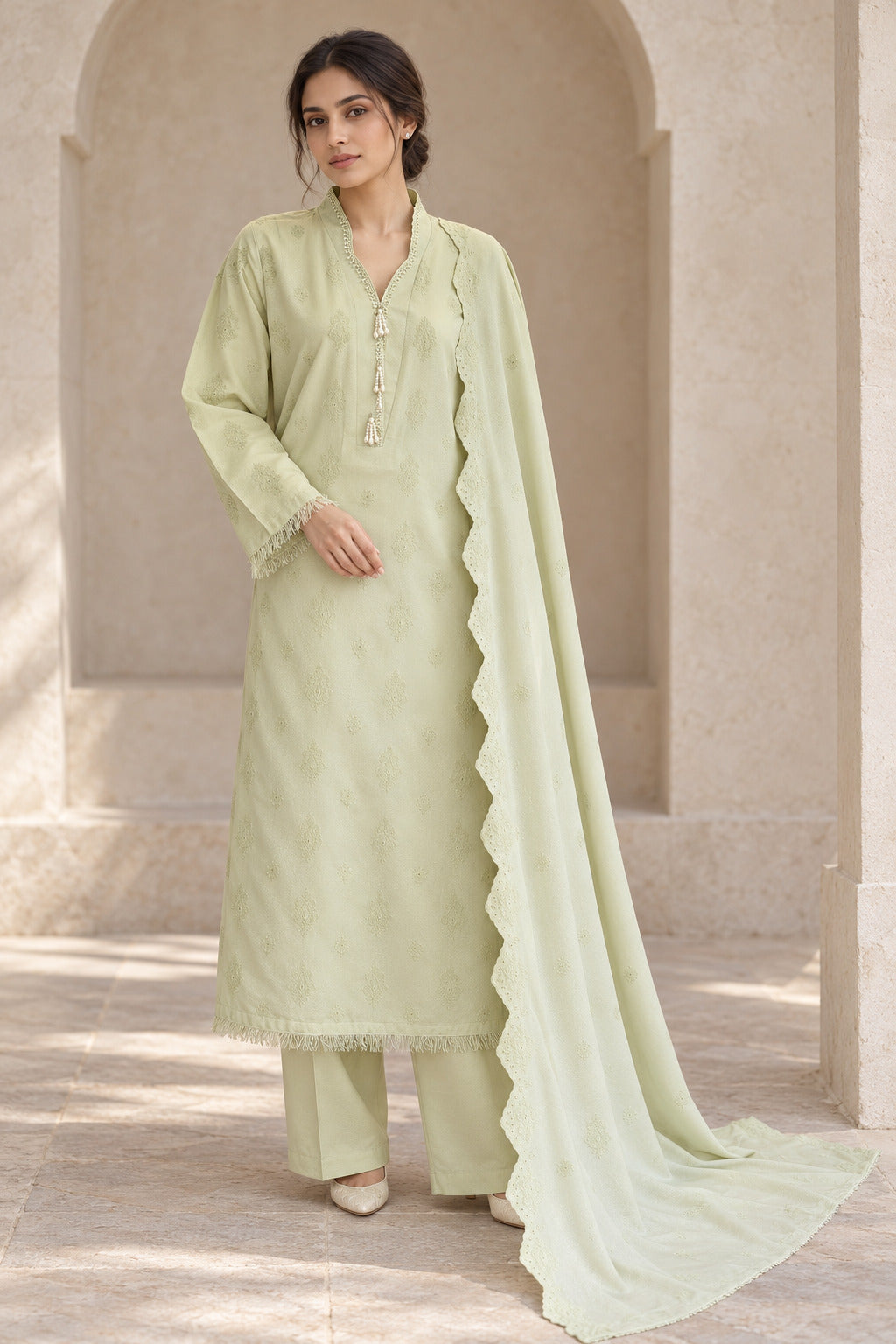 Pista green karandi shawl set worn by a model - embroidered shirt, ready-to-carry shawl and plain trouser