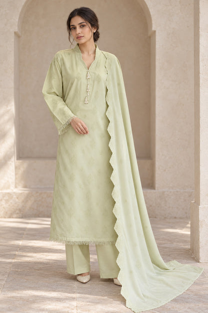 Pista green karandi shawl set worn by a model - embroidered shirt, ready-to-carry shawl and plain trouser