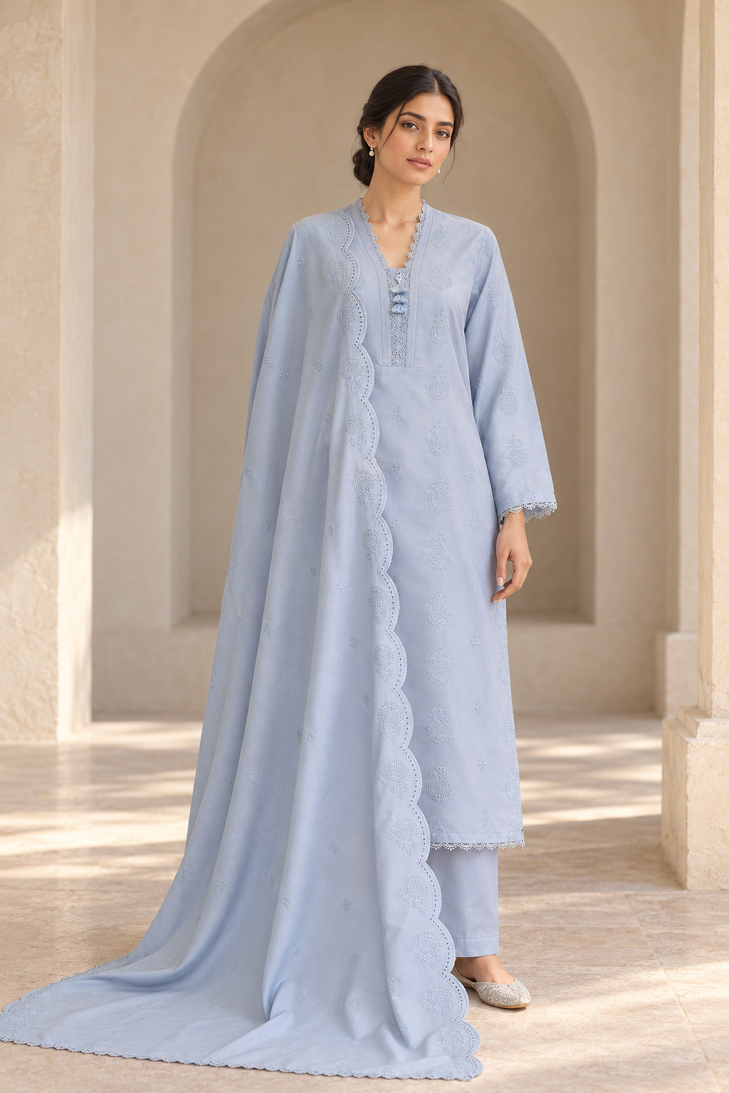 Ice blue karandi shawl set worn by a model - embroidered shirt, ready-to-carry shawl and plain trouser