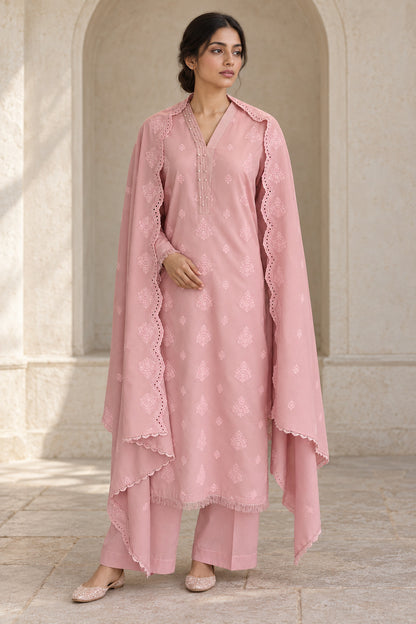 Tea pink karandi shawl set worn by a model - embroidered shirt, ready-to-carry shawl and plain trouser