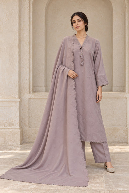 Mauve karandi shawl set worn by a model - embroidered shirt, ready-to-carry shawl and plain trouser