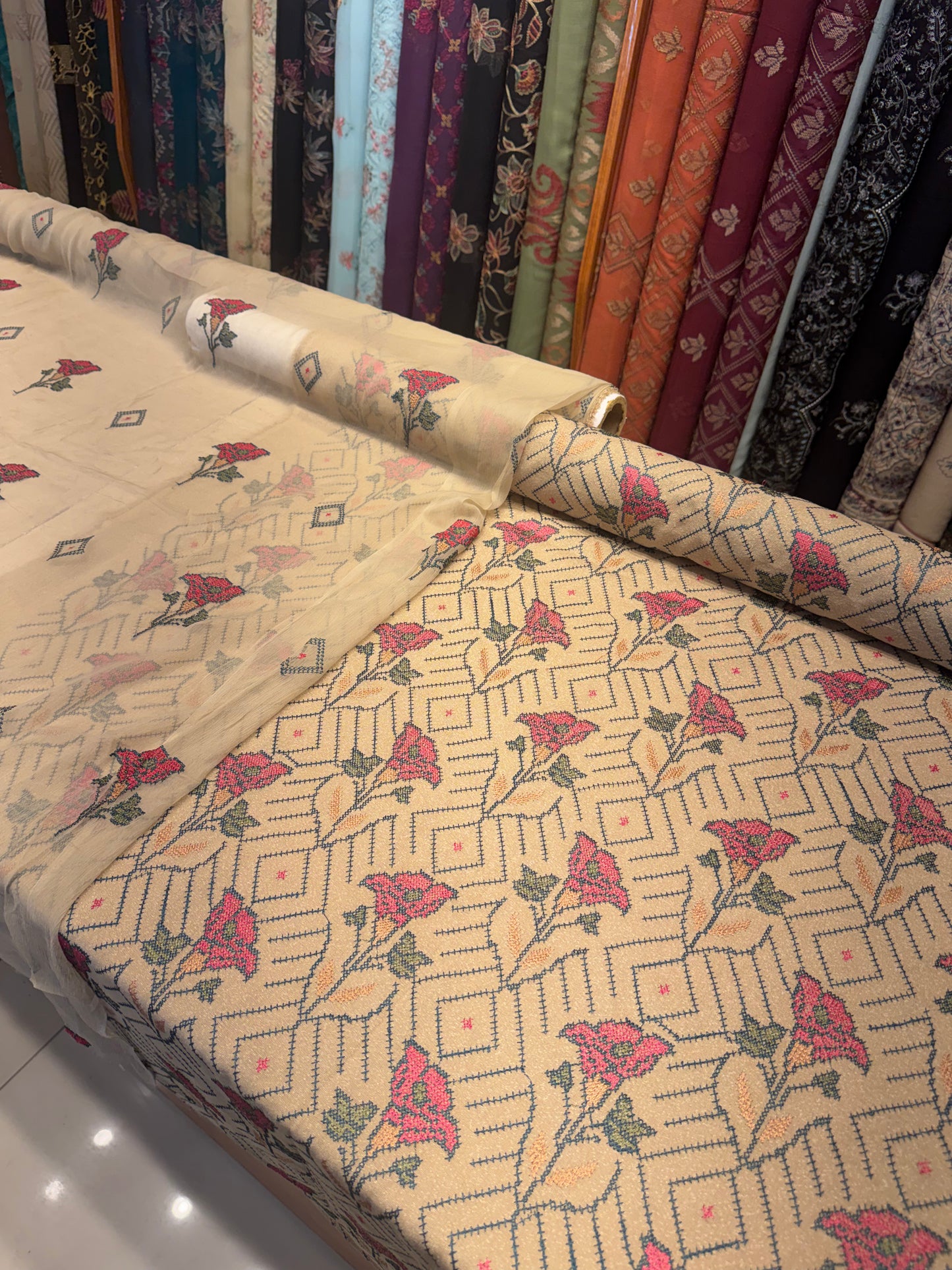 Beige Embroidered Karandi