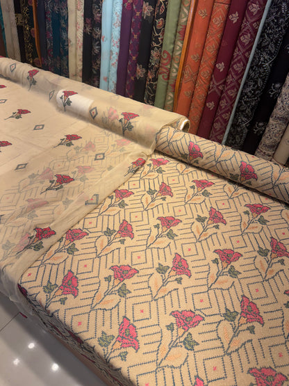 Beige Embroidered Karandi