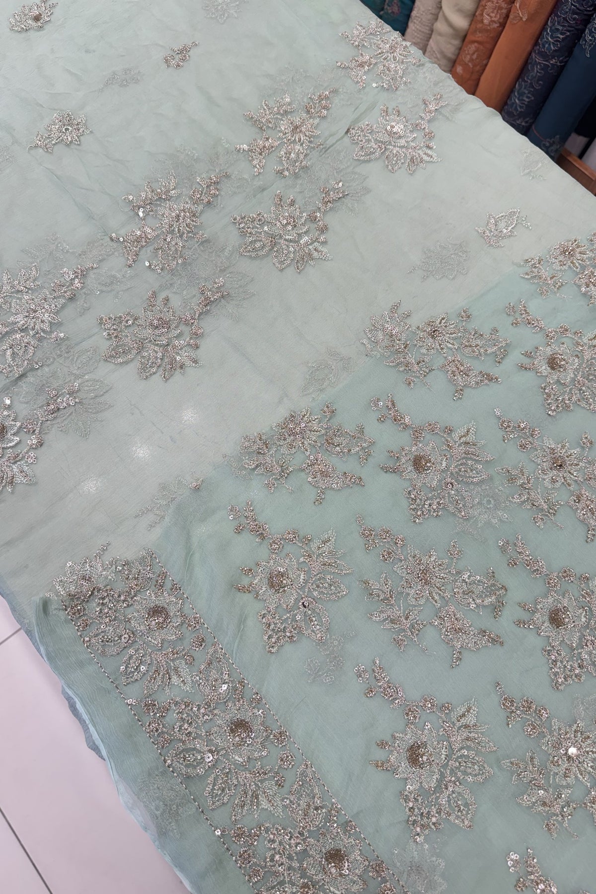 Aqua Luxury Formal Chiffon - hand embellished fabric