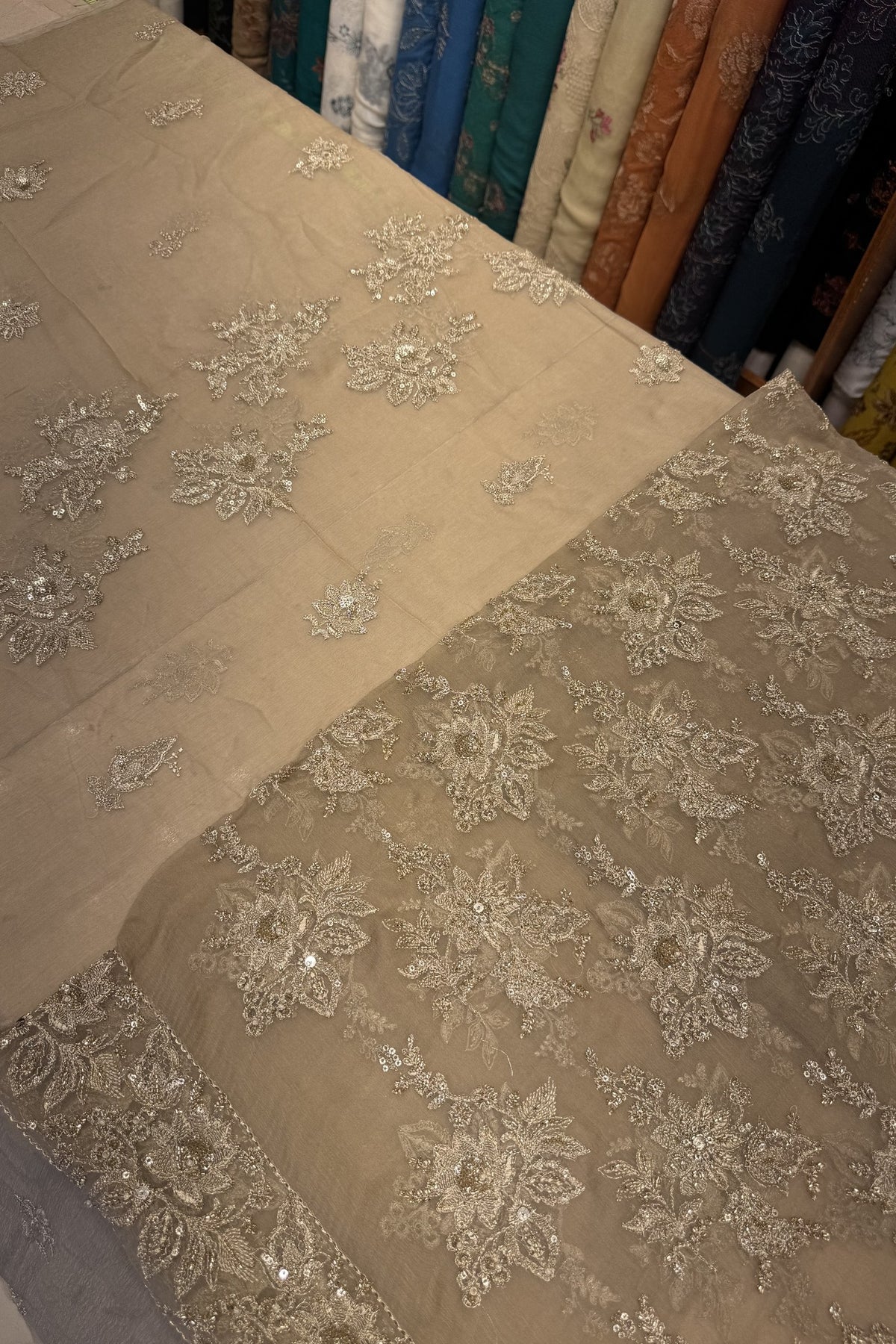 Beige Luxury Formal Chiffon - hand embellished fabric