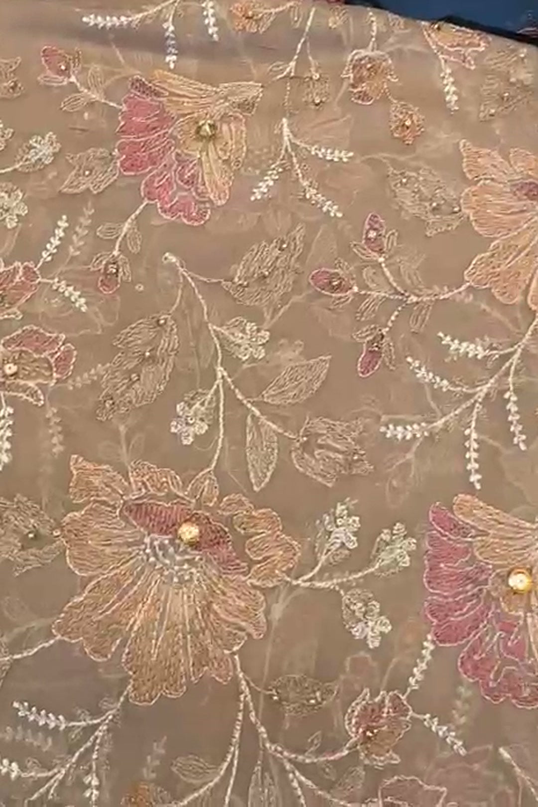 Beige embroidered chiffon 2 piece — shirt and dupatta with stone and pearl handwork