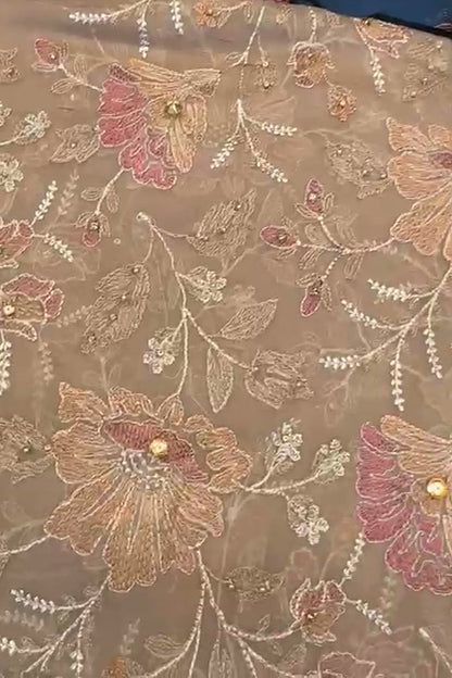 Beige embroidered chiffon 2 piece — shirt and dupatta with stone and pearl handwork