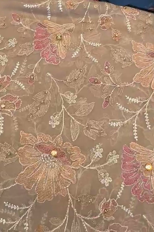 Beige embroidered chiffon 2 piece — shirt and dupatta with stone and pearl handwork