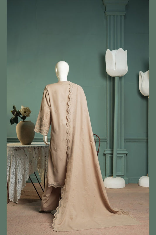 Beige Karandi Shawl Set - full 3-piece embroidered karandi shawl set