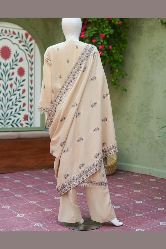 Beige Karandi Shawl Set - full 3-piece embroidered karandi shawl set